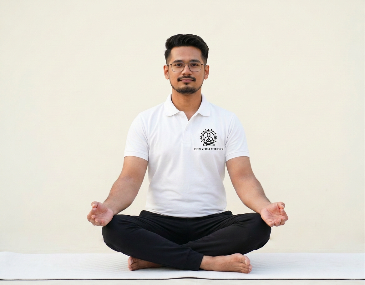 Person seated in yoga posture wearing BEN YOGA STUDIO t-shirt